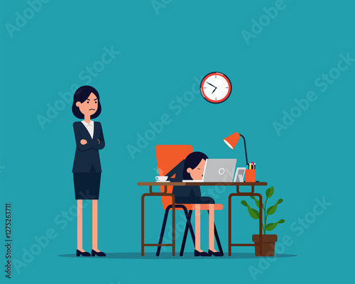 Tired. Boss watching of sleeping at work employee.