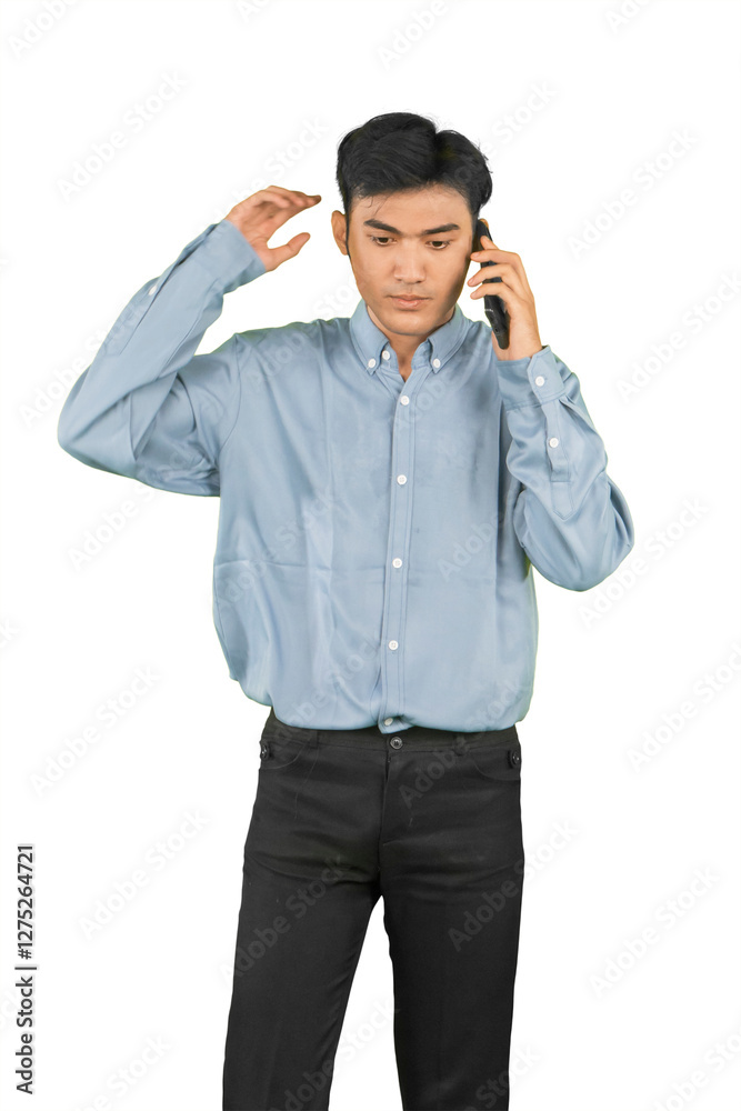 Concerned Businessman Talking on Phone in Isolated Background Concerned Businessman Talking on Phone in Isolated Background