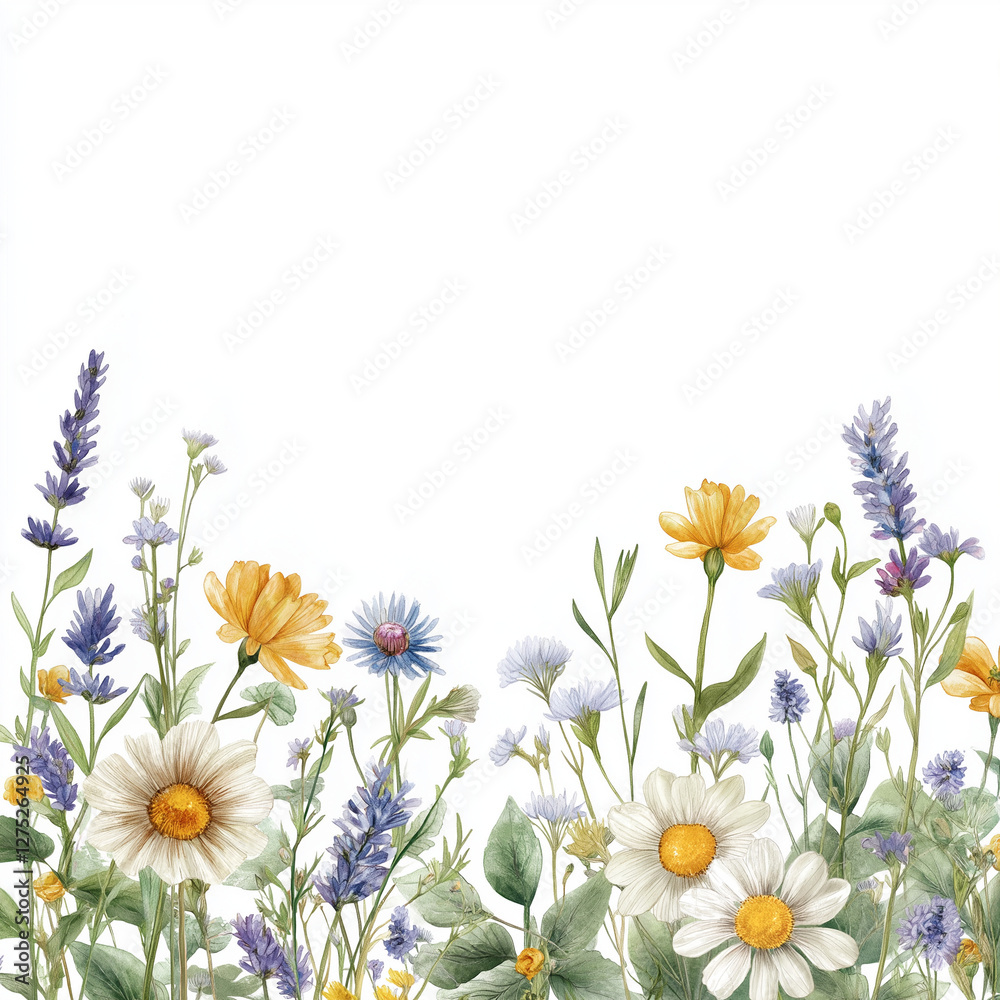 Fototapeta premium Wildflower Meadow Border with Delicate Botanical Elements on White Background