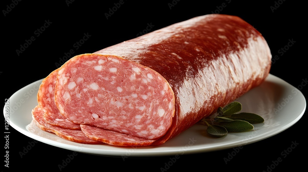 Sliced salami on plate, dark background, food photography, recipe ingredient Sliced salami on plate, dark background, food photography, recipe ingredient