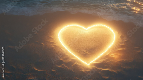 glowing heart shape drawn in sand on beach at sunset, Sea and sand Theme.