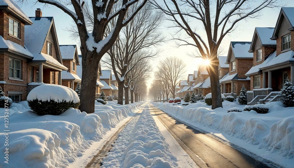 Obraz premium Snowy street at sunset with bare trees