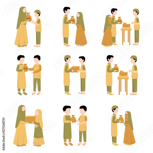 Collection of Muslim Giving Zakat Donation in Ramadan. Giving Alms with Other