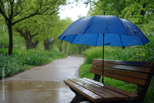 Wallpaper Mural Rainy park bench, blue umbrella Torontodigital.ca