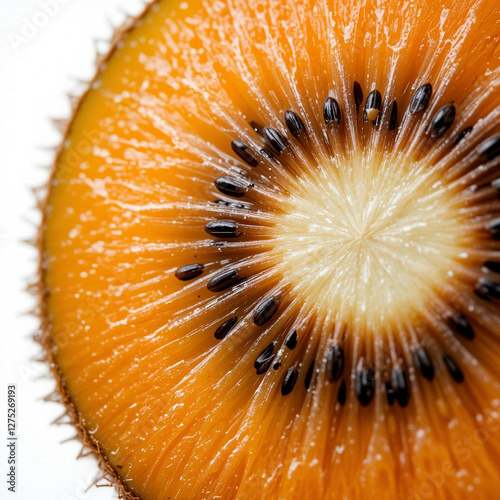 Macro shot of a vibrant kiwi, showcasing exquisite texture, crisp detail, and freshness against a pure white backdrop