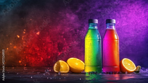 Vibrant colorful drinks in bottles with citrus fruits on a textured background, ideal for marketing