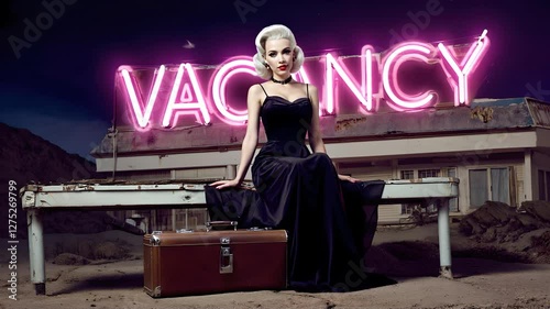 Glamorous blonde woman in gown dress sitting beneath a glowing neon vacancy sign outside roadside motel. Cinematic vintage portrait evoking old Hollywood noir. Video made using generative AI.