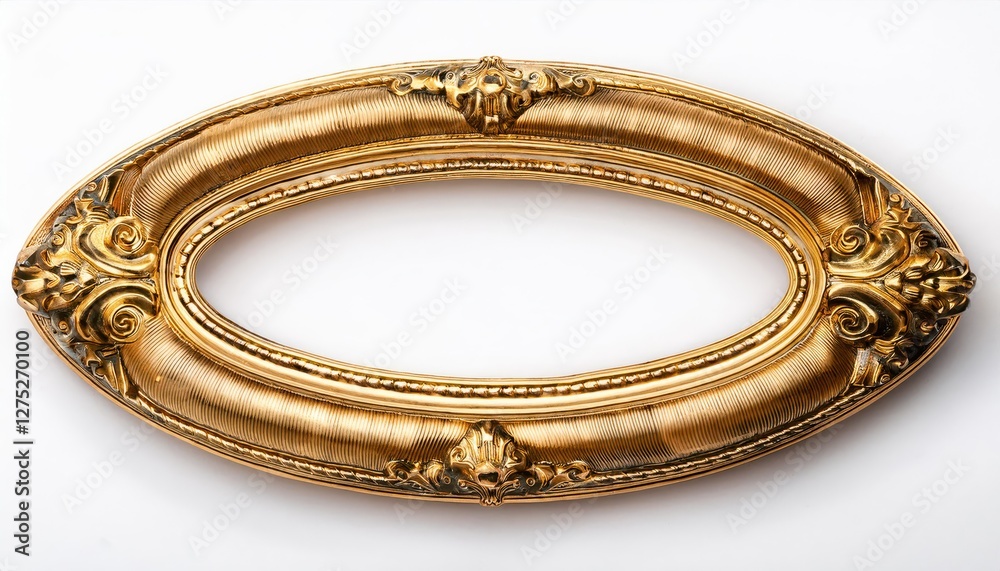 Ornate Golden Oval Frame against a Pristine White Background, Radiating Luxury and Timeless Elegance, Perfect for Decorative Art, Home Decor or Design Inspiration. Ornate Golden Oval Frame against a Pristine White Background, Radiating Luxury and Timeless Elegance, Perfect for Decorative Art, Home Decor or Design Inspiration.