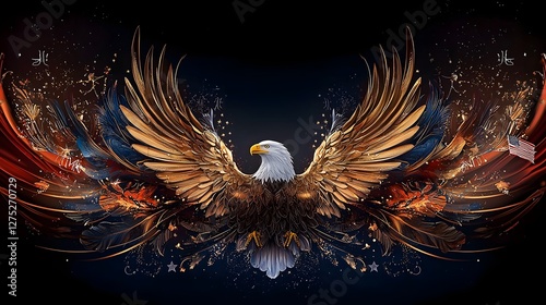Majestic Golden Eagle Banner for Commemorative Presidential Ceremony  Powerful and dignified design with grand eagle symbol intricate historic engravings and refined celebratory elements