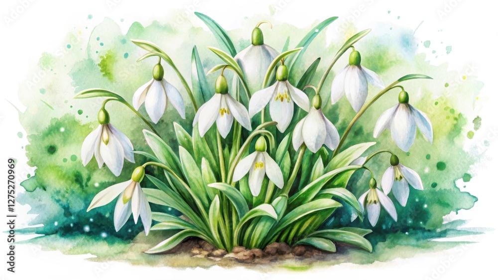 Obraz premium A Delicate Watercolor Painting of a Cluster of Snowdrop Flowers in Full Bloom, Set Against a Soft Green and Teal Background