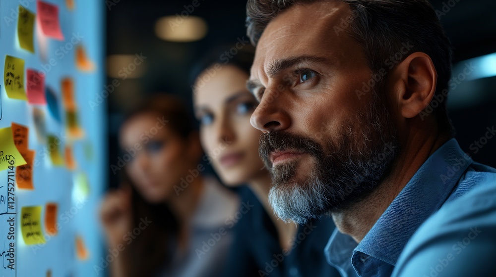 Focused business team brainstorming innovative ideas in modern office space