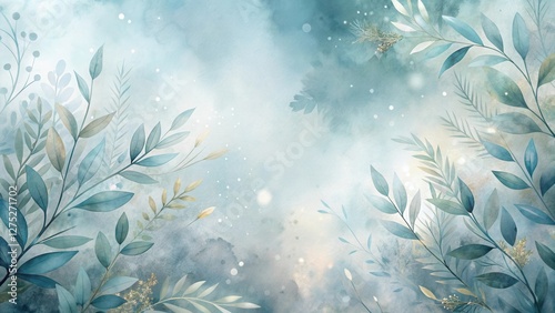 Serene Aqua Botanical Illustration An Enchanting Watercolor Design Featuring Delicate Leaves and Branches in Soft Blue and Gold Hues on a Dreamy Background.