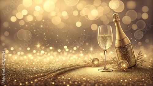 Champagne Gold Glitter Background with Soft Bokeh and Luxurious Lighting radiant and glamorous background featuring shimmering champagne gold glitter, softly illuminated by delicate bokeh lights. photo