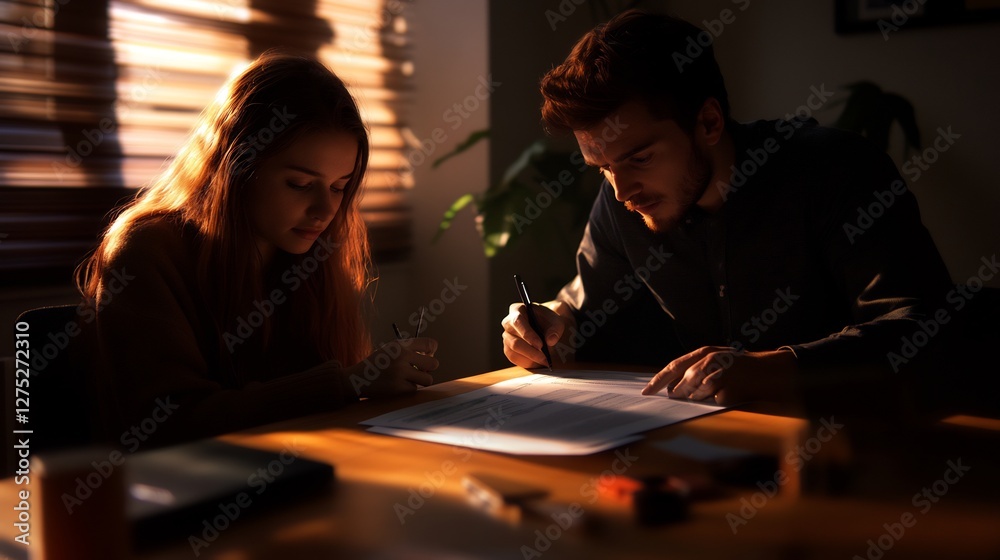 Focused individuals meticulously reviewing documents under warm light Focused individuals meticulously reviewing documents under warm light