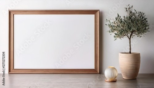 Traditional Home Interior with Empty Horizontal Wooden Frame showcasing a Mockup of Abstract Artwork, Bathed in Warmth and Elegance, Perfect for Modern Decor or Digital Art Enthusiasts