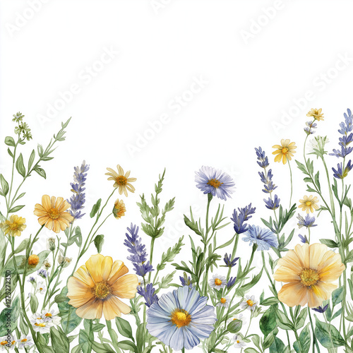 Wildflower Meadow Border with Delicate Botanical Elements on White Background