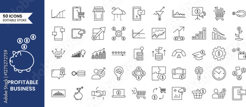 Profitable Business icon set in line style. containing money, profit, earnings, payment, cash flow, paycheck, work and more. Vector illustration