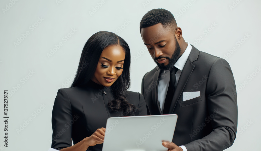 African American businessman and businesswoman, both dressed in formal black suits, sit together at a desk with a laptop. African American businessman and businesswoman, both dressed in formal black suits, sit together at a desk with a laptop.