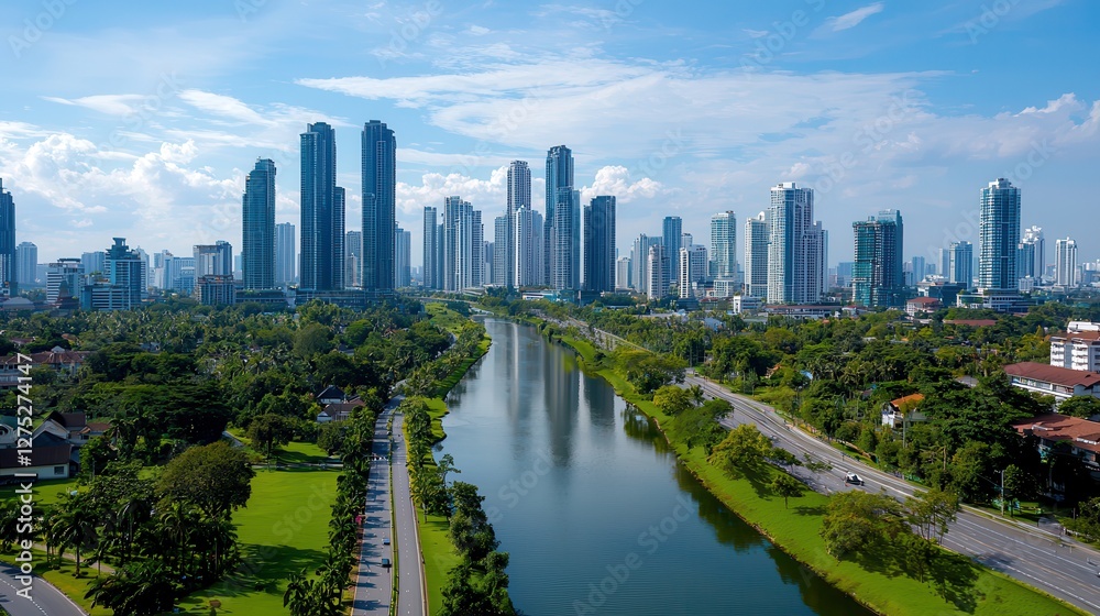 Fototapeta premium Urban land pollution threatens sustainability. Urban skyline with greenery and a river under a blue sky.