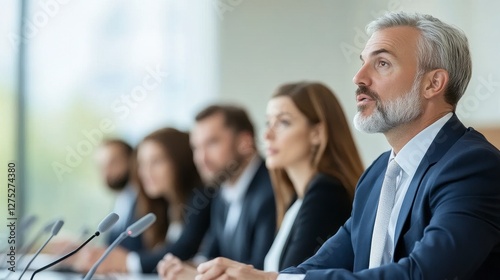 In this engaging panel discussion, a seasoned professional takes center stage, captivating the blurred audience with his insightful remarks The scene is set in a modern conference room, where a
