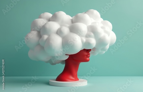 AI generated art of dreamy thoughts. Woman with head in clouds on turquoise background. Surreal concept, creative mind, mental health and ecology metaphor. Red faceless bust.