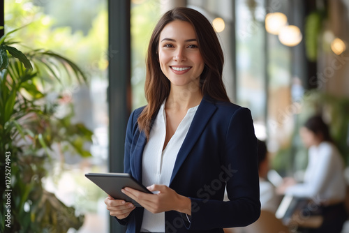 Confident businesswoman with a tablet in a bright, modern office. Natural light, coworking space, and plants create a professional and inviting atmosphere. Leadership, success, and business