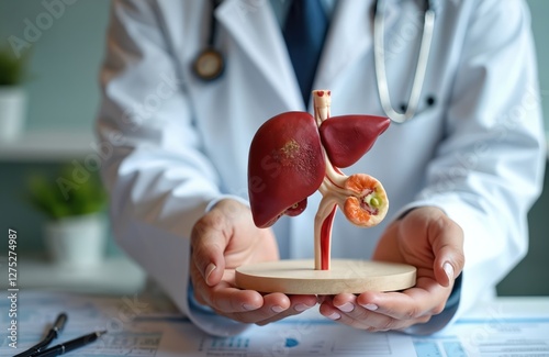 Doctor holds human liver anatomy model in hands. Liver disease, cancer, hepatitis. Hepatic illnesses diagnostics, treatment. Bile duct, gallbladder. Medical pro presents organ.