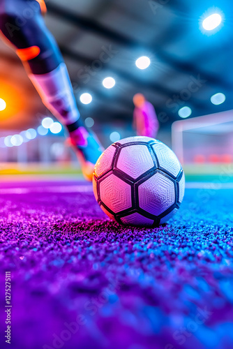 Indoor soccer player kicking ball, vibrant lighting, blurred background, sports action