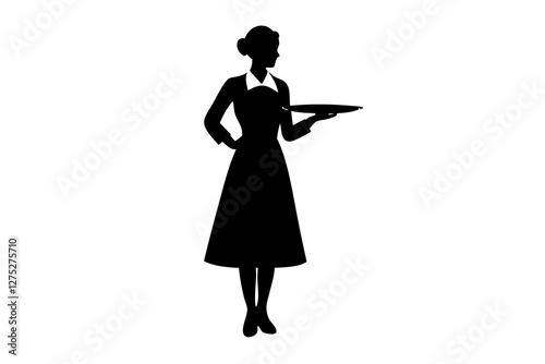 Woman waiter butler holding empty Silhouette on white background
