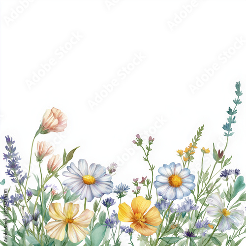 Wildflower Meadow Border with Delicate Botanical Elements on White Background