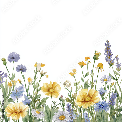 Wildflower Meadow Border with Delicate Botanical Elements on White Background