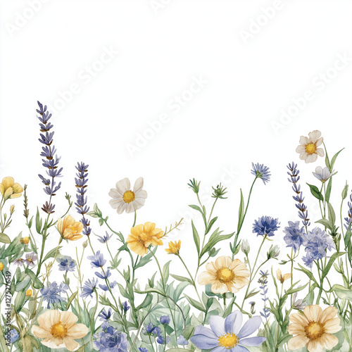 Wildflower Meadow Border with Delicate Botanical Elements on White Background