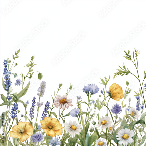 Wildflower Meadow Border with Delicate Botanical Elements on White Background