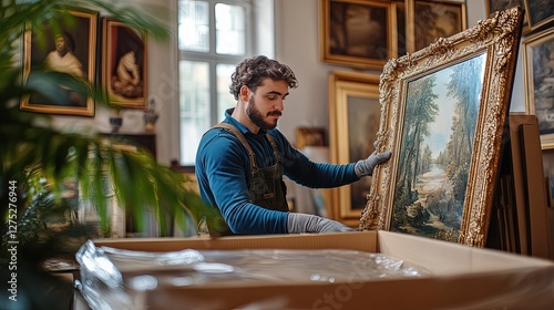 Man Carefully Packages a Valuable Landscape Painting