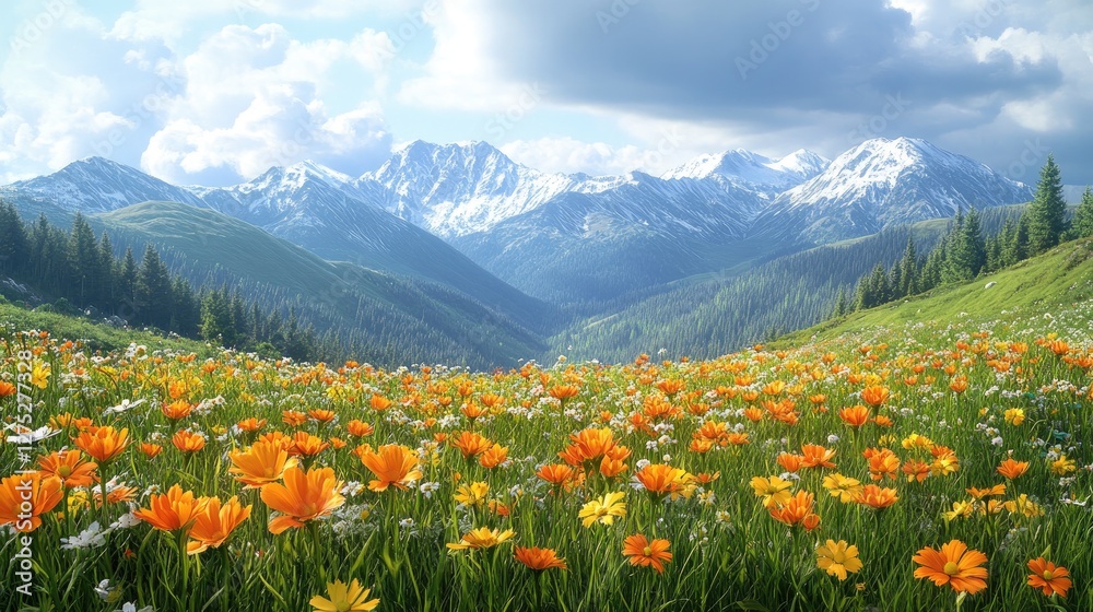 Mountain flowers landscape, sunlight, clouds, snow-capped peaks Mountain flowers landscape, sunlight, clouds, snow-capped peaks