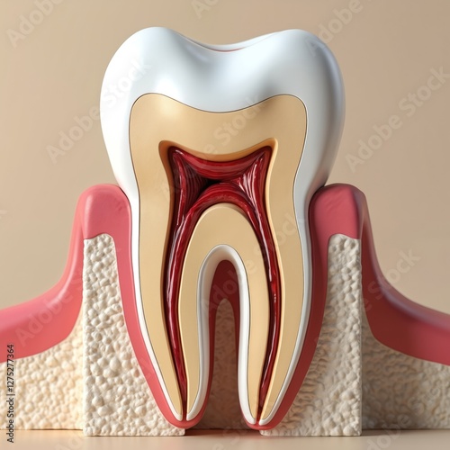 Dental anatomy of tooth with roots. Diagram of enamel, dentin, pulp, cementum, gingiva. Cross section of molar for dentist education, tooth root canal treatment.