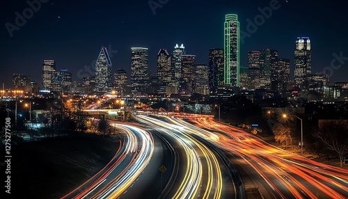 A long exposure of car lights weaving through the city  capturing the dynamic energy of a nighttime metropolis with glowing skyscrapers