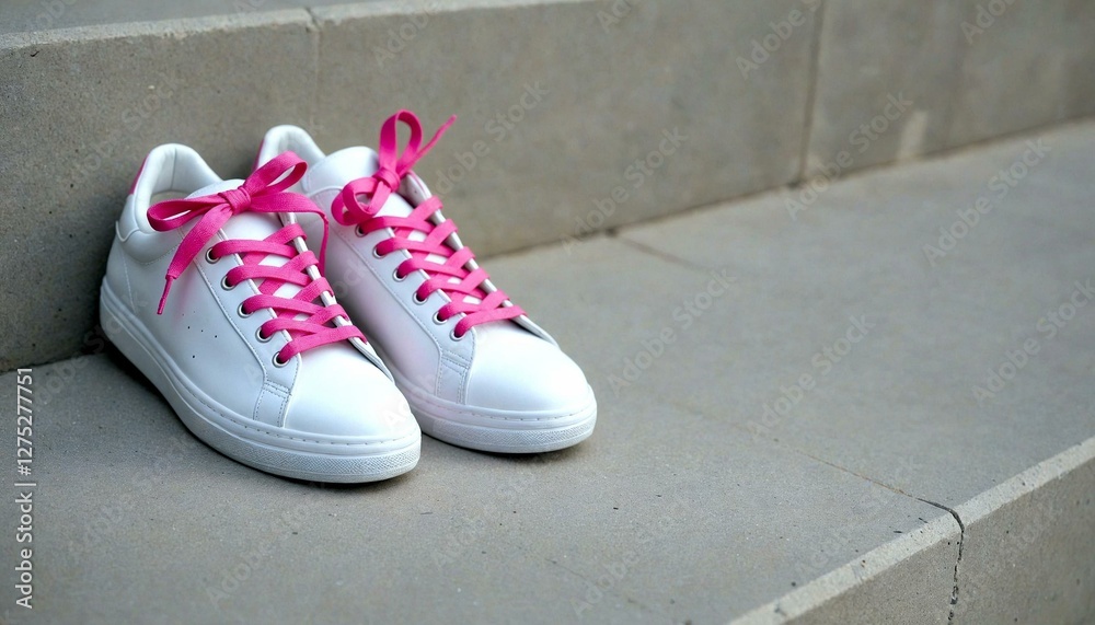 White Sneakers with Pink Laces on Concrete White Sneakers with Pink Laces on Concrete