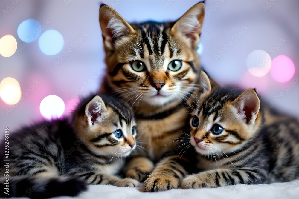 Obraz premium Cute Tabby Cat Family: Mother Cat with Adorable Kittens Portrait, Striped Fur, Green Eyes, Bokeh Background, Pet Photography, Feline Love
