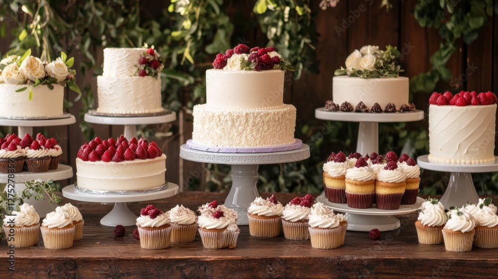 Naklejka premium Elegant Dessert Table with Cakes and Cupcakes