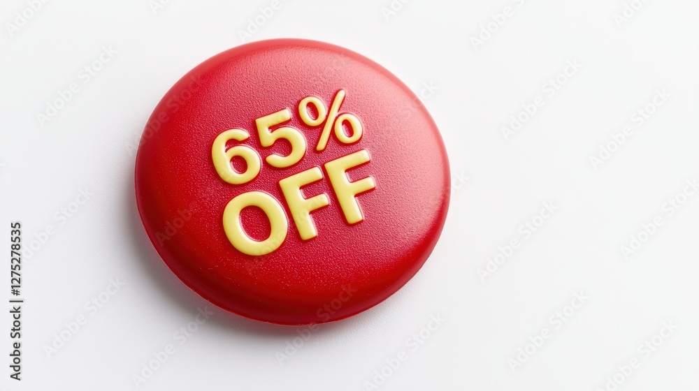 Eye-Catching Red Button Featuring 65% Discount Offer on White Background Eye-Catching Red Button Featuring 65% Discount Offer on White Background