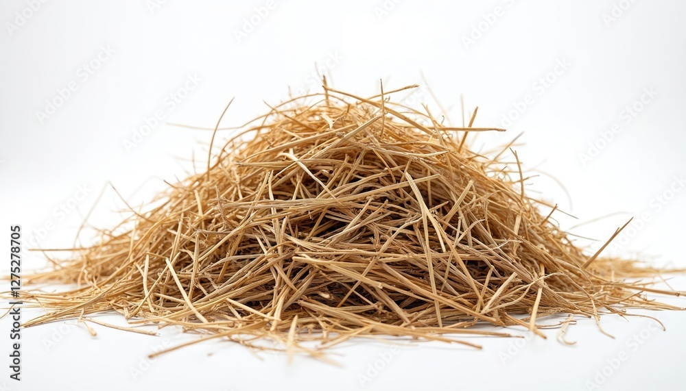 Obraz premium Pile of dry straw, hay on white background. Abstract haystack, agriculture, farming concept. Rural farm backdrop. Straw texture, hay pattern. For animal feed, livestock.