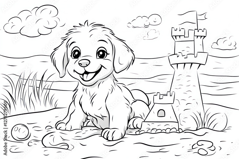 Obraz premium Happy puppy playing on beach near sandcastle