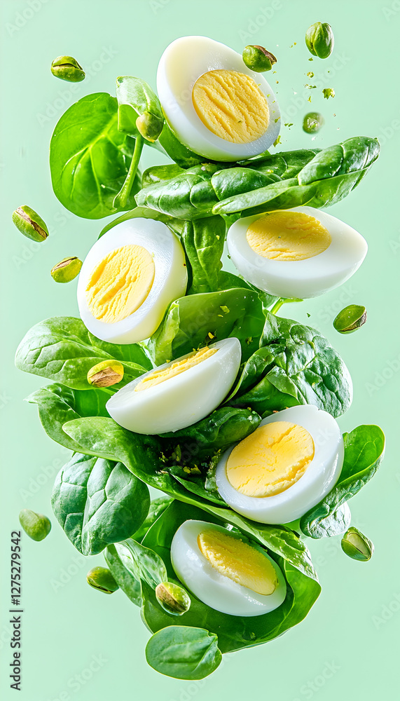 Levitating eggs, spinach, pistachios; healthy food concept Levitating eggs, spinach, pistachios; healthy food concept