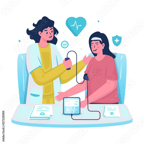 Illustration of doctor measuring patient's blood pressure vector design