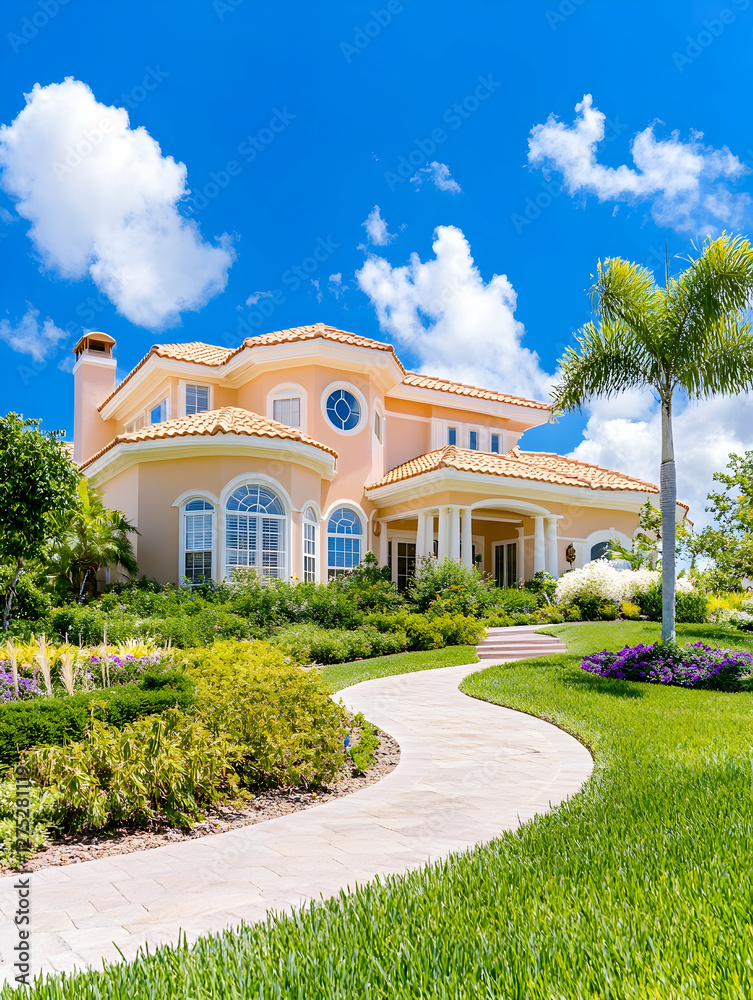 Luxurious Florida home, sunny day, landscaped garden, pathway Luxurious Florida home, sunny day, landscaped garden, pathway
