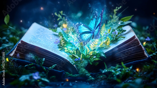 Magical blue butterfly emerges from open book in dark forest