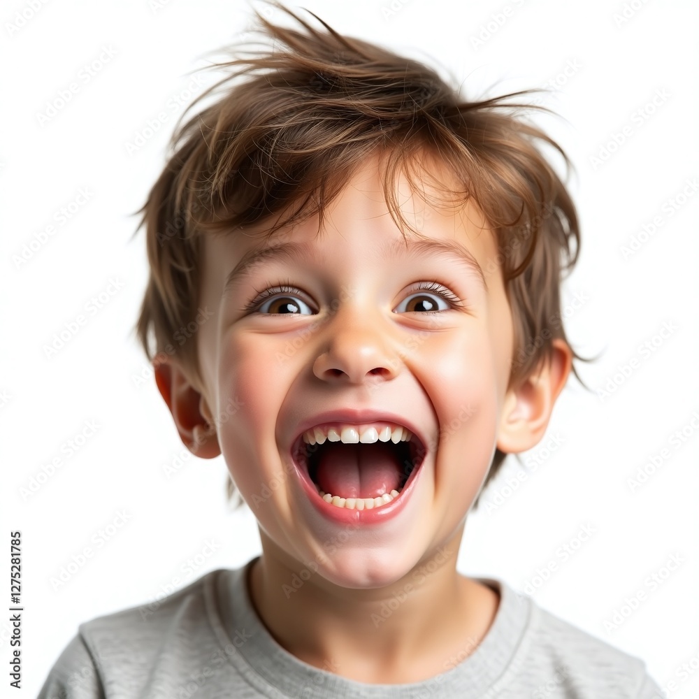 Portrait of a boy laughing out loud with excitement.
Portrait of a boy laughing out loud with excitement.