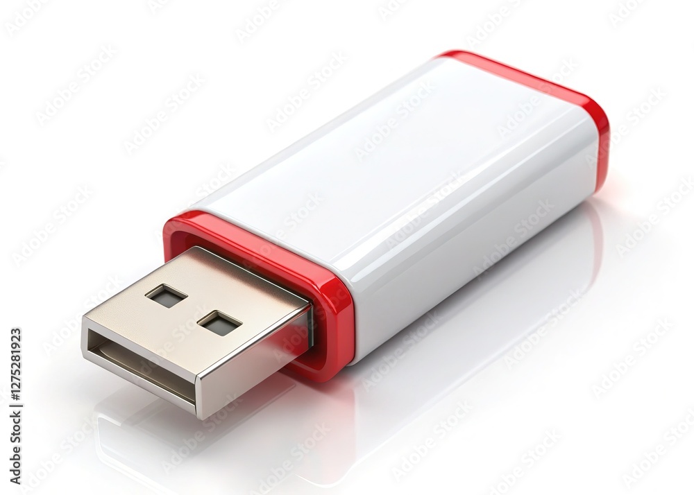 Realistic 3D render of a white USB drive with red border, high-detail, deep focus. Realistic 3D render of a white USB drive with red border, high-detail, deep focus.