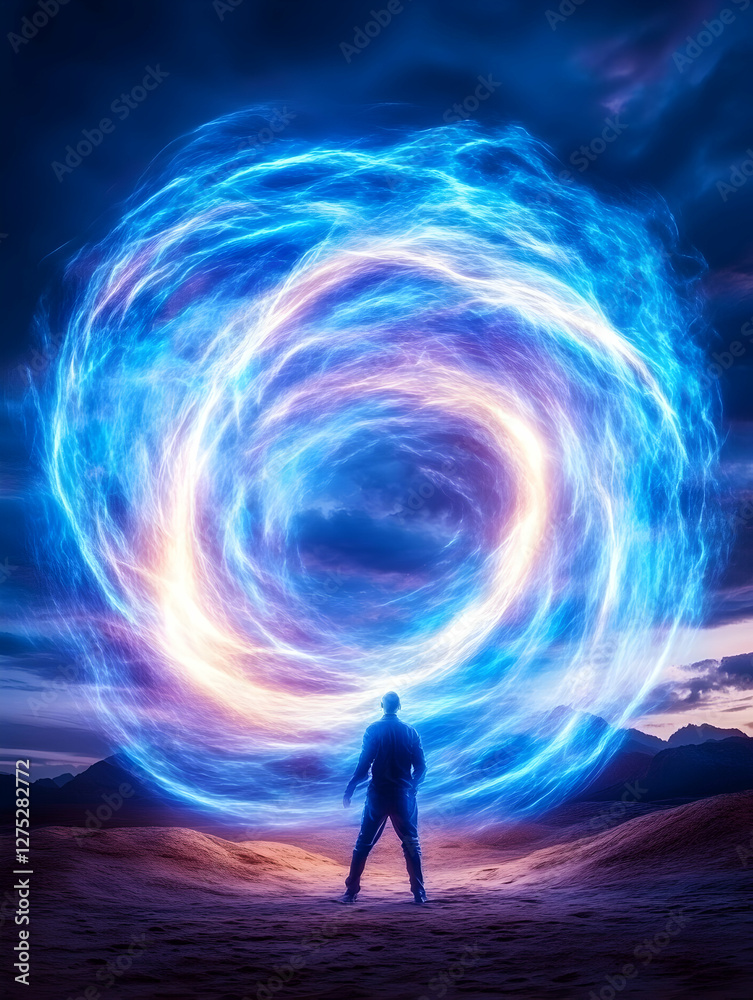 Man facing energy vortex, desert landscape, night Man facing energy vortex, desert landscape, night